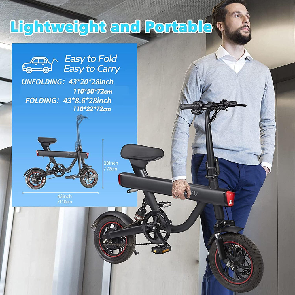 Folding Electric Bike,DYU 12" Electric Bicycle with Remote Start/Lock Electric Bikes for Adults Teens E Bike with Pedals,Waterproof Mini eBike with Front Rear Light,Dual Disc Brakes,250W 36V 10Ah