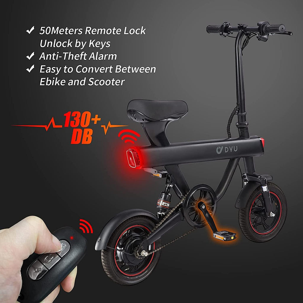 Folding Electric Bike,DYU 12" Electric Bicycle with Remote Start/Lock Electric Bikes for Adults Teens E Bike with Pedals,Waterproof Mini eBike with Front Rear Light,Dual Disc Brakes,250W 36V 10Ah