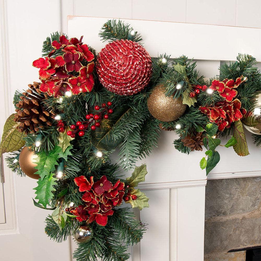 9 ft. Pre-Lit LED Scarlet Hydrangea Garland