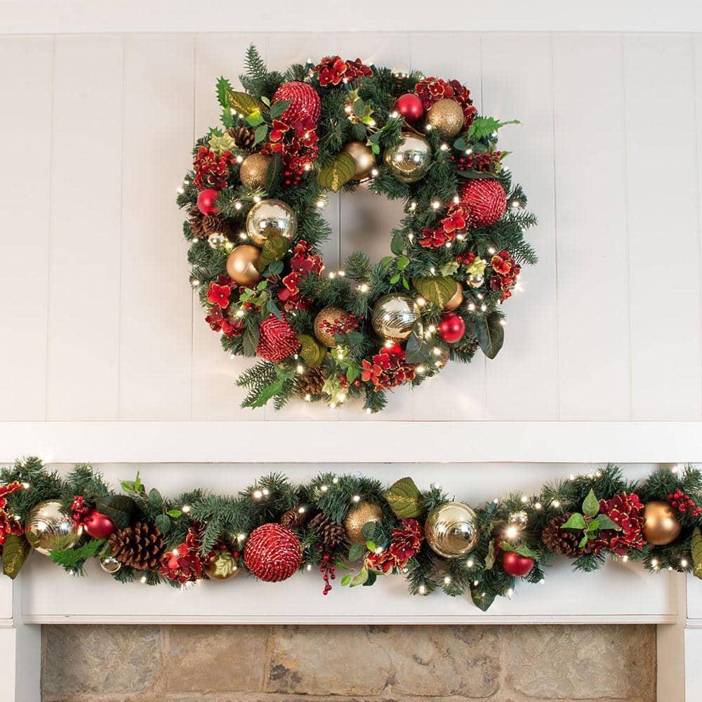 9 ft. Pre-Lit LED Scarlet Hydrangea Garland
