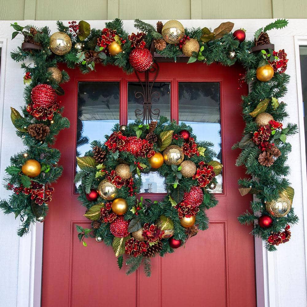 9 ft. Pre-Lit LED Scarlet Hydrangea Garland