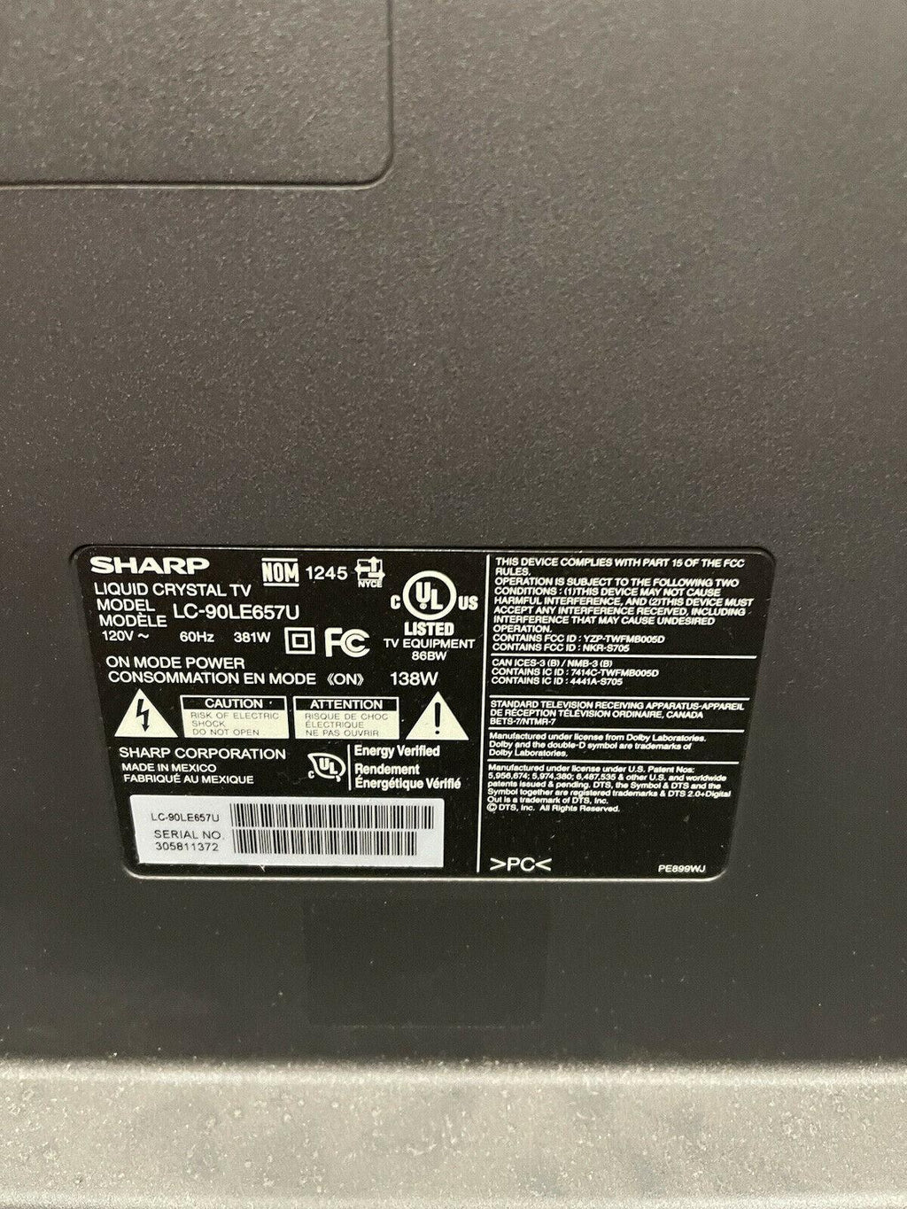 sharp aquos lc-90le657u 90" 1080p liquid crystal tv - for parts or repair only