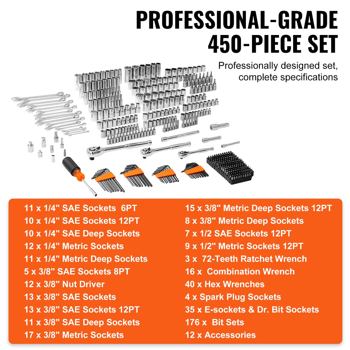 Mechanics Tool Set and Socket Set, 1/4" 3/8" 1/2" Drive, 450 PCS | SAE and Metric Socket Wrench Set with 3-Drawer Tool Box, Tool Kit with Bits, Combination Wrench, Hex Wrenches, Accessories