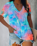 tie dye print v-neck short sleeve t-shirt