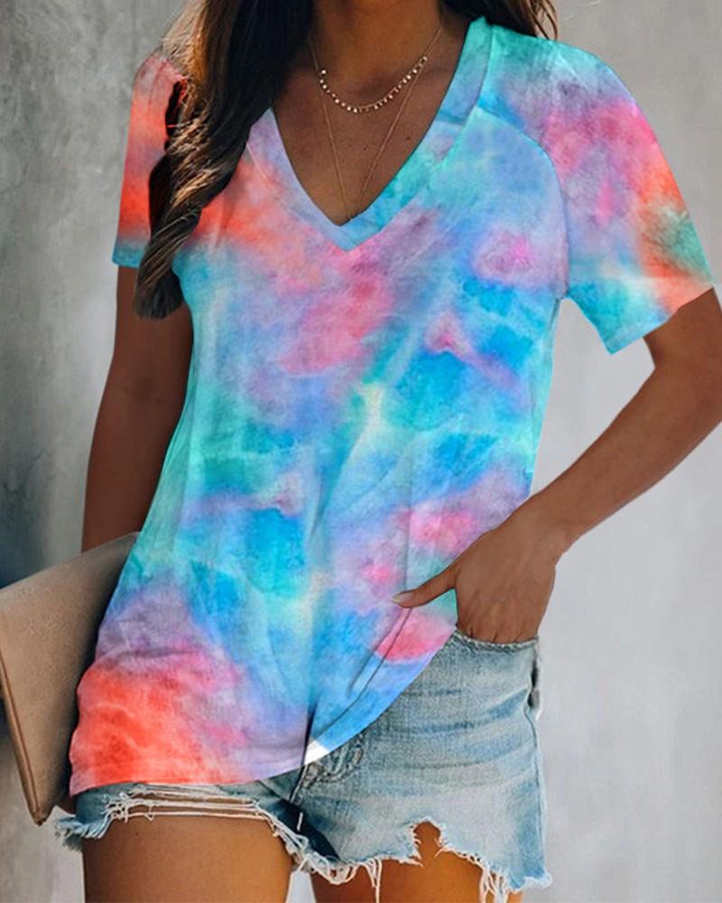 tie dye print v-neck short sleeve t-shirt