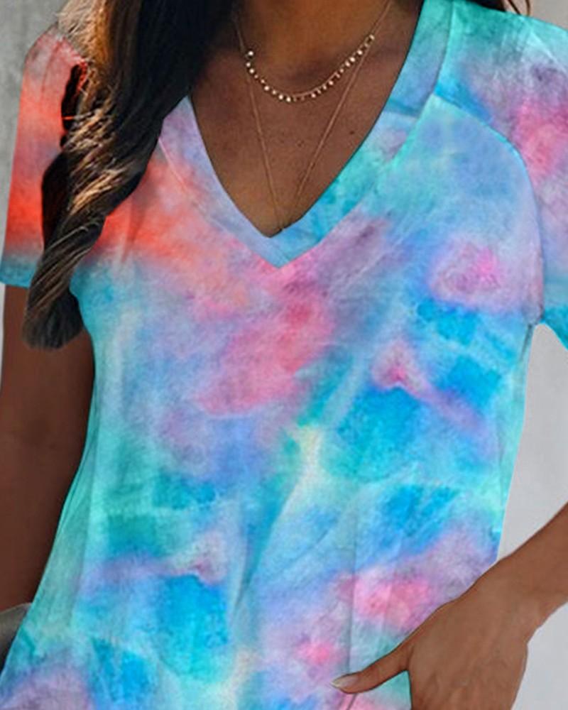 tie dye print v-neck short sleeve t-shirt
