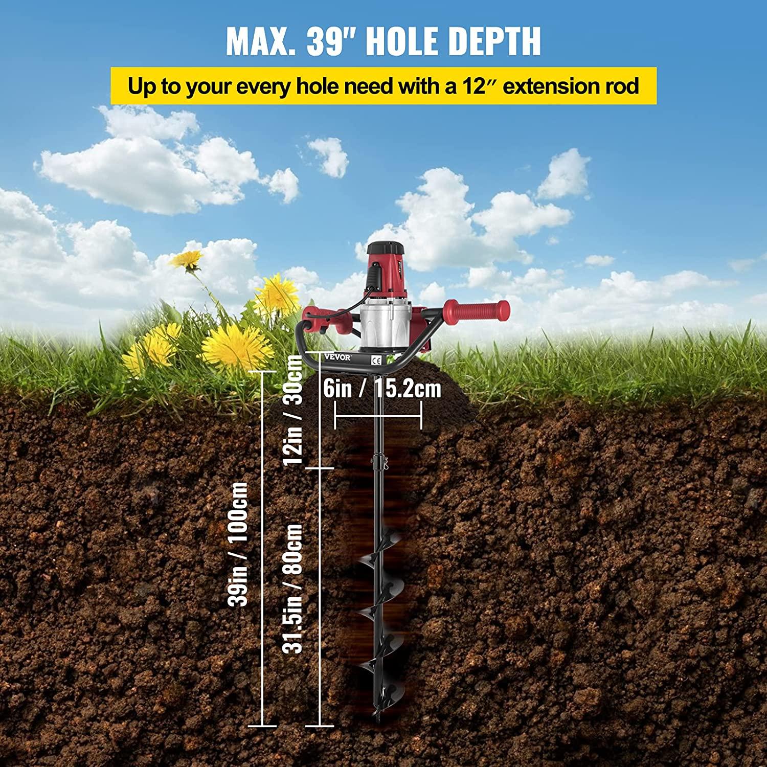 vevor electric post hole digger, 1500 w 1.6 hp electric auger powerhead, 39'' electric earth digger, compatible with earth auger bit or ice bit, for post hole digging, drilling, tree planting