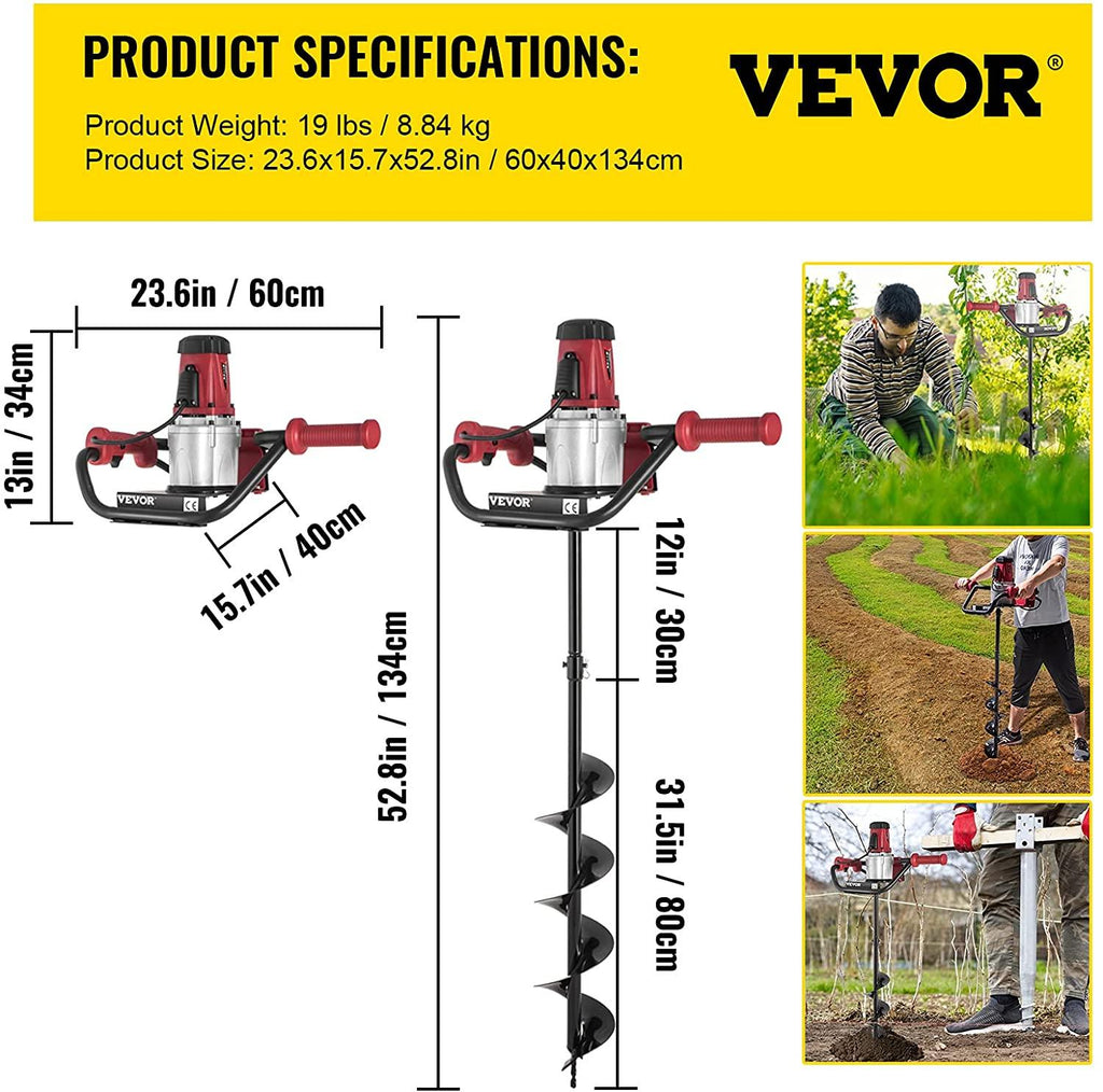 vevor electric post hole digger, 1500 w 1.6 hp electric auger powerhead, 39'' electric earth digger, compatible with earth auger bit or ice bit, for post hole digging, drilling, tree planting