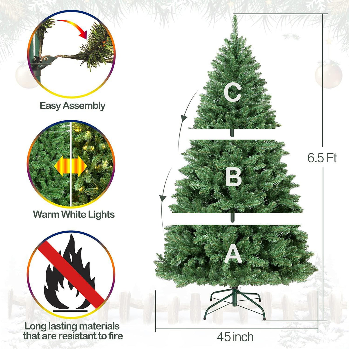 Hykolity 6.5 ft Prelit Christmas Tree, Artificial Christmas Tree with 350 Warm W