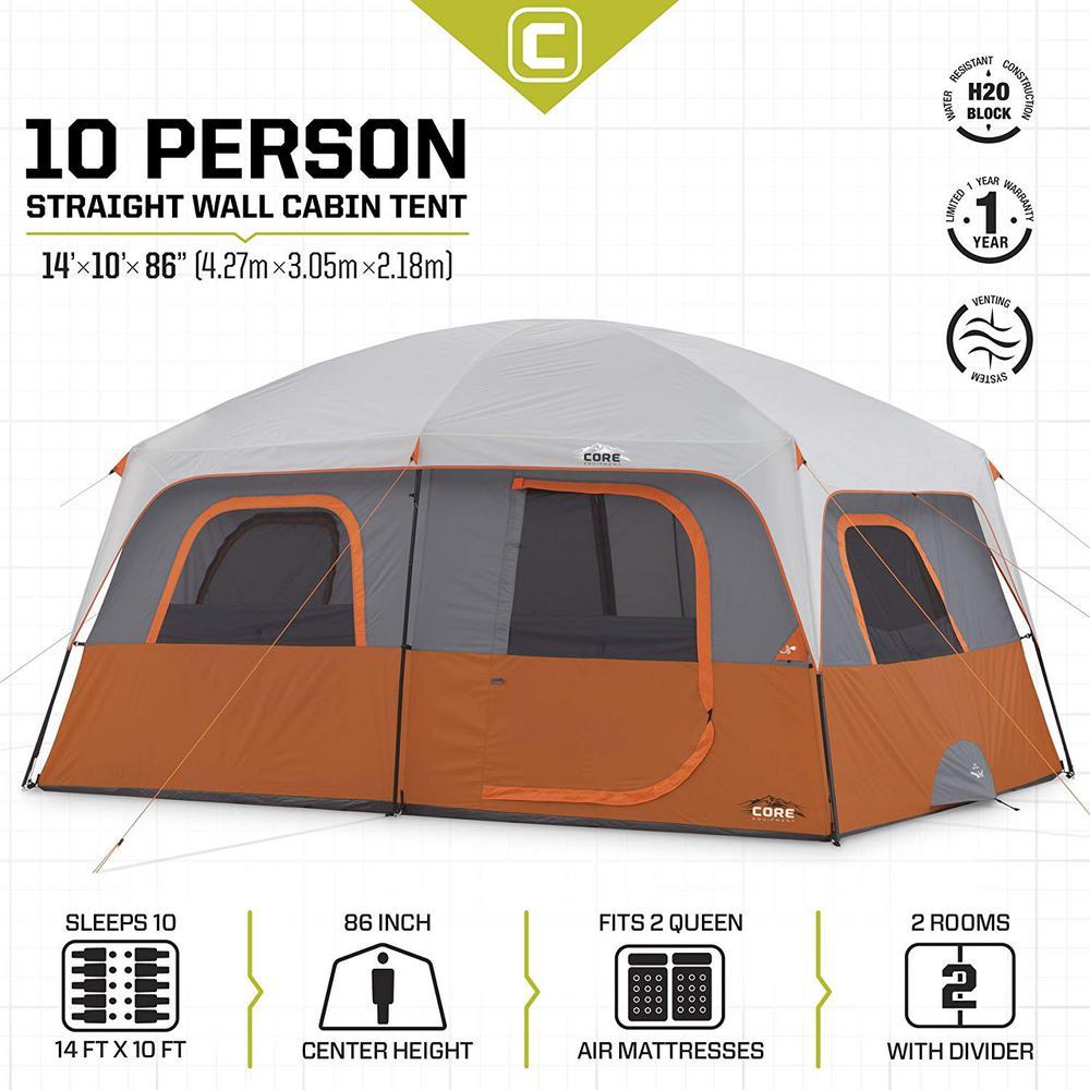 Straight Wall 14 ft. x 10 ft. 10-Person Cabin Tent with 2 Rooms and Rainfly in Red