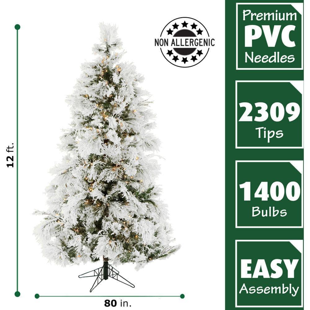 12 ft. Pre-lit LED Flocked Snowy Pine Artificial Christmas Tree with 1400 Clear String Lights