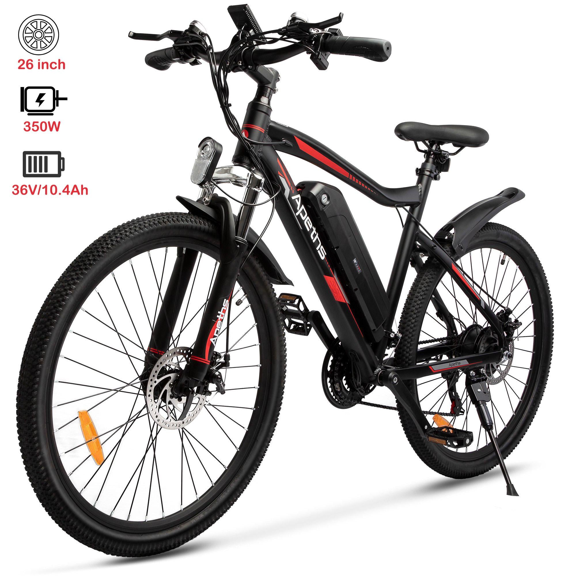 APETHS 26 In. Electric Bike, 21 Speed Electric Mountain Bike, 350W Brushless Motor, 36V or 10.4Ah Removable Lithium-Ion Battery, Aluminum Frame, Center LCD Meter