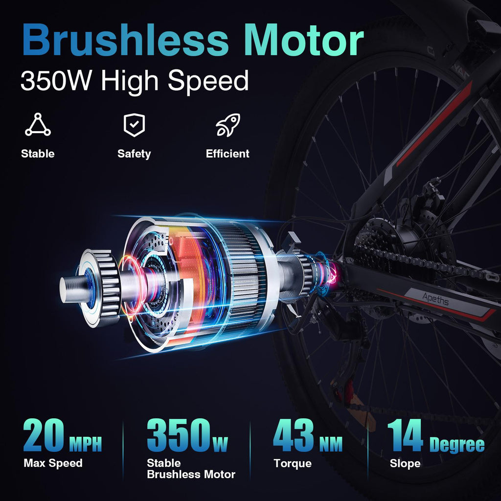 APETHS 26 inch Electric Bike, 21 Speed Electric Mountain Bike, 350W Brushless Motor, 36V or 10.4Ah Removable Lithium-Ion Battery, Aluminum Frame, Center LCD Meter