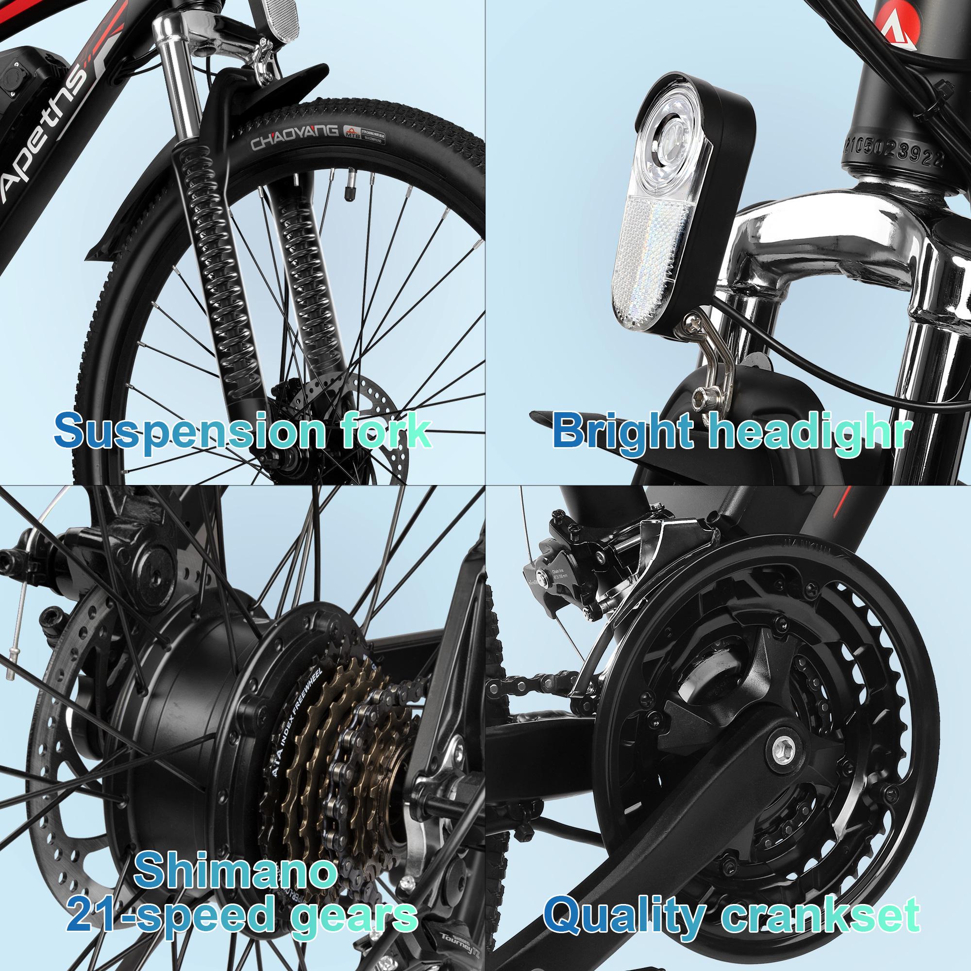 APETHS 26 inch Electric Bike, 21 Speed Electric Mountain Bike, 350W Brushless Motor, 36V or 10.4Ah Removable Lithium-Ion Battery, Aluminum Frame, Center LCD Meter