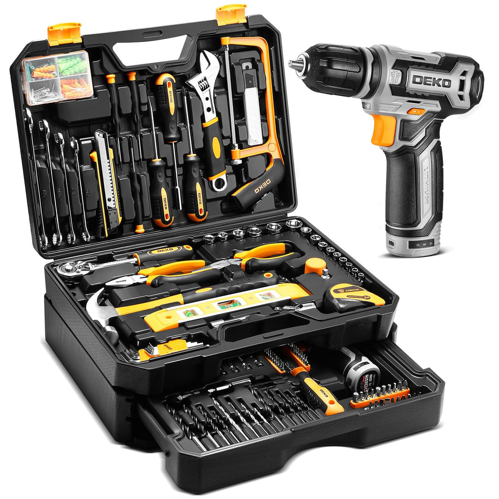 Tool Kit Box Drill Set： Home Mechanic Toolbox with 12V Power Cordless Drill Hand Repair Tools Sets Combo Kits StoraOrganizer Drawer Case for Men