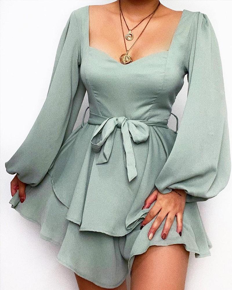 solid lantern sleeve layered belted mini dress