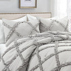 Ruffle Diamond Comforter Set Light Gray 3Pc Set Full/Queen