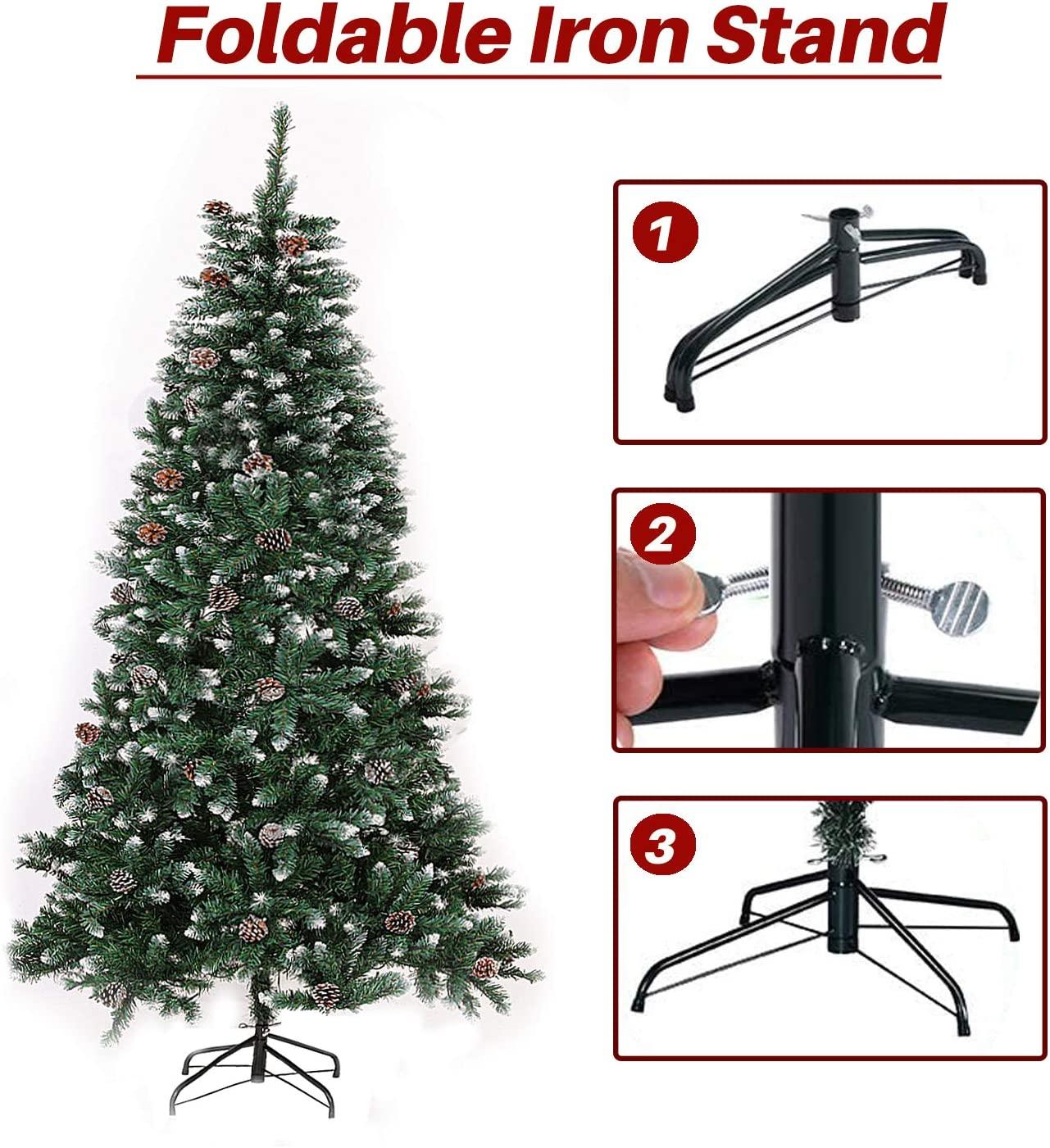 SUNCROWN 7ft Pre-Lit Fiber Artificial Christmas Pine Tree Holiday Decor w/ 450 Warm White Lights, Foldable Metal Base, Green