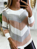 V-neck Contrast Stripe Print Loose Casual Sweater Pullover