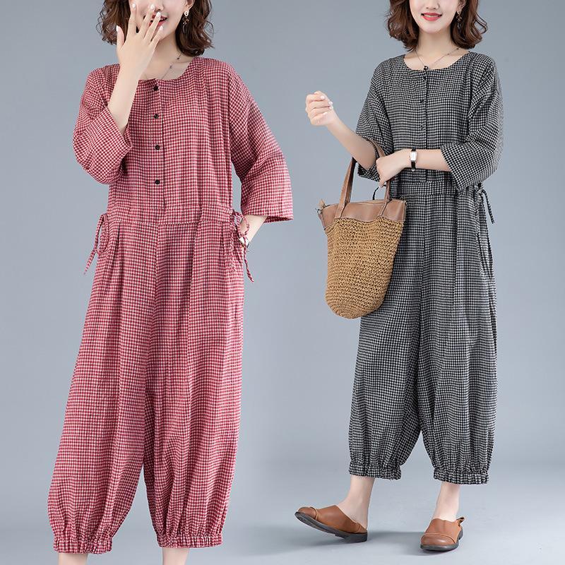 Plus Size Cotton Linen Casual Jumpsuit