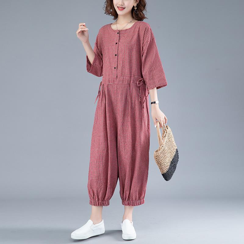 Plus Size Cotton Linen Casual Jumpsuit