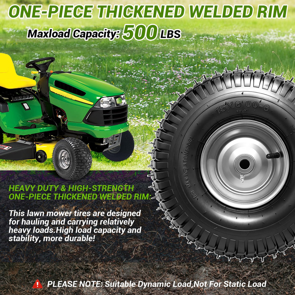 (2 Pack)  15x6.00-6nhs Lawn Mower Tires and Wheel Assembly, Replacement Riding Lawn Mower Front Tires, Compatible with    Lawn Mowers, 3/4" Bushings, 3" Centered Hub