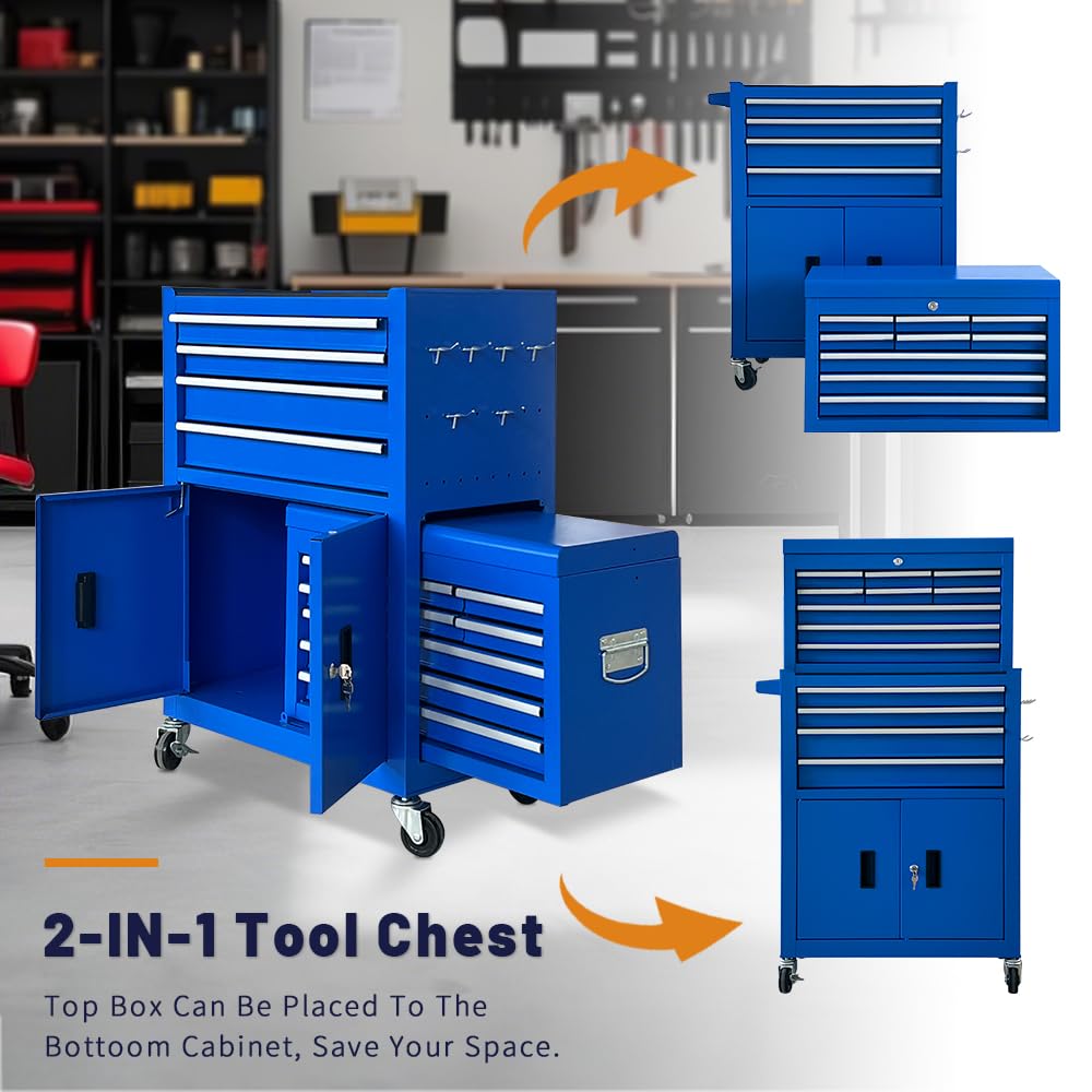 13-Drawer Rolling Tool Chest with Double Doors, 2 in 1 Detachable Rolling Tool Chest Combo, Mobile Tool Cabinet with Drawers, Metal LarLockable Tool Box for GaraWorkshop (Blue)