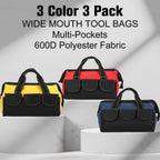 3 Pack Tool Bag for Men with Waterproof Hard Bottom, Heavy Duty Tool Bag Wide Mouth Tote for Various Instrument, Electrician Carpenter Mechanic(Blue, Red, Yellow,13 Inch,Classic)