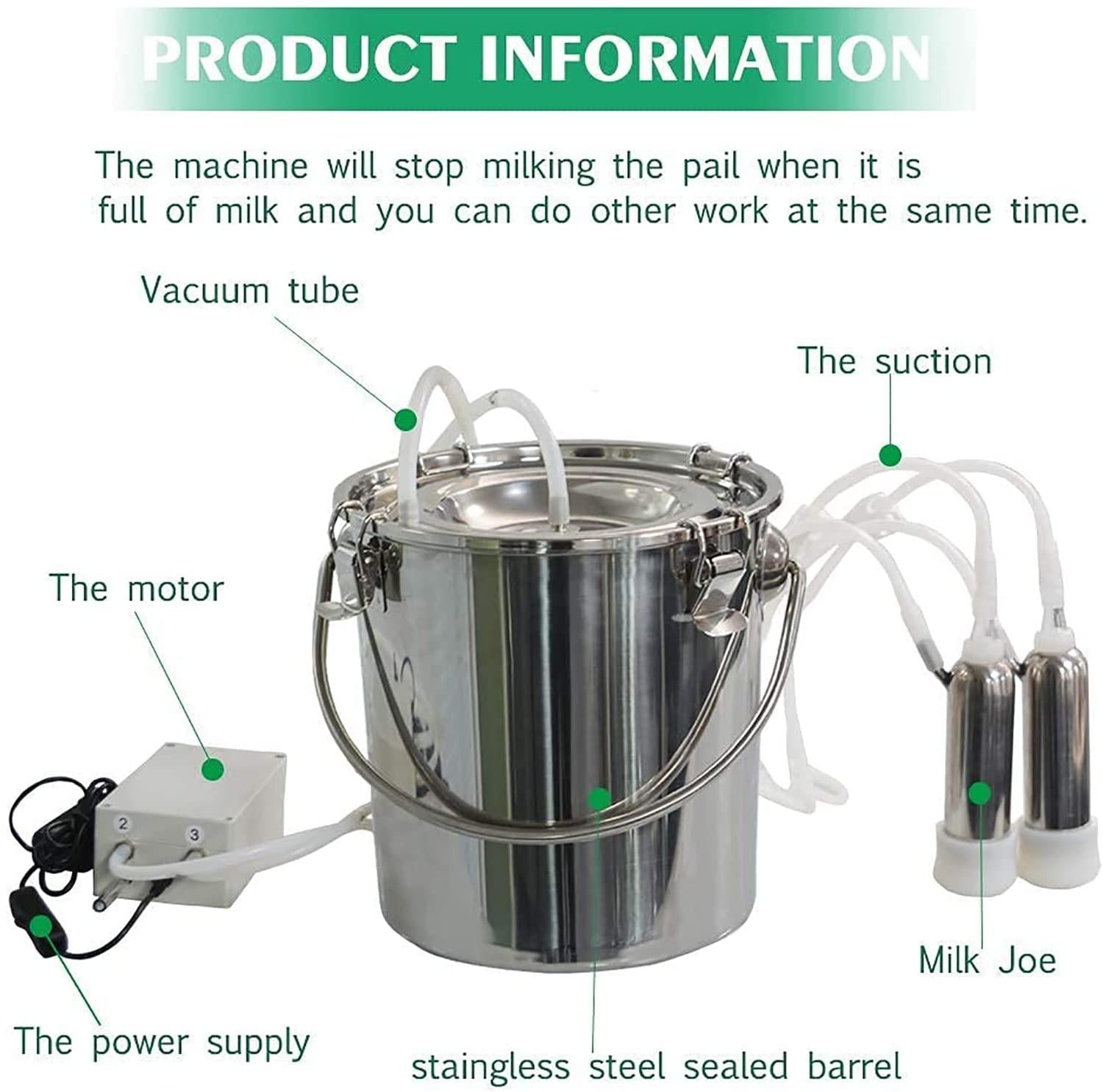 huidazhou cow milking machine electric, pulsation vacuum pump cow milker, automatic portable livestock milking equipment, stainless steel milker livestock household domestic farm milking device,7l