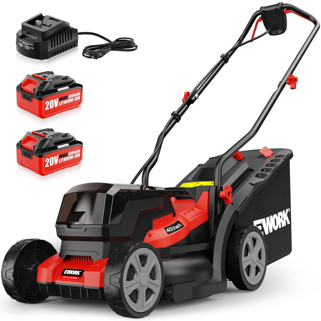 40V 14" Electric Lawn Mower Cordless with 2*4.0Ah Batteries &amp; Charger | 6-Height Adjustment, Electric Push Mower with 9-Gallon Grass Bag, Battery Powered Lawnmower for Yard, Lawn Care