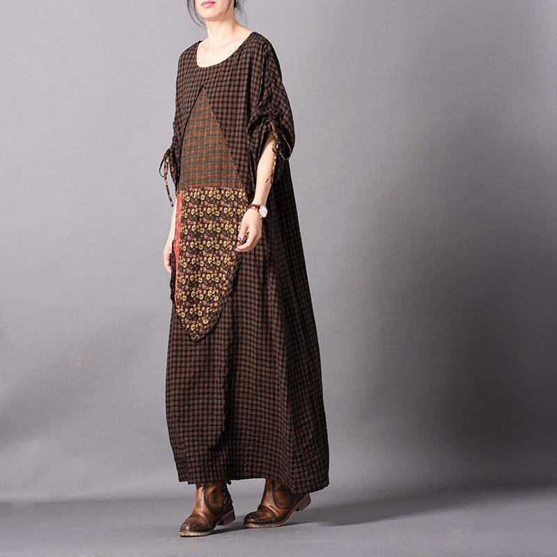Paneled Casual Linen Print Adjustable Sleeve Maxi Dress