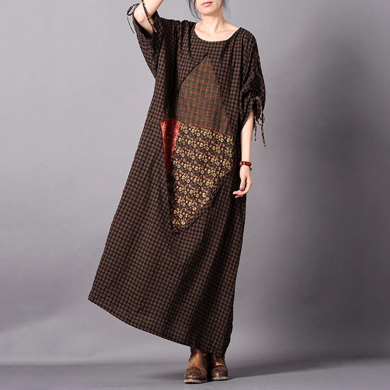 Paneled Casual Linen Print Adjustable Sleeve Maxi Dress