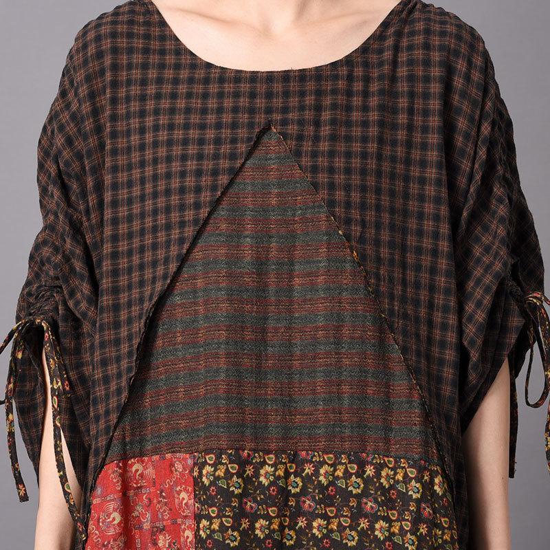 Paneled Casual Linen Print Adjustable Sleeve Maxi Dress