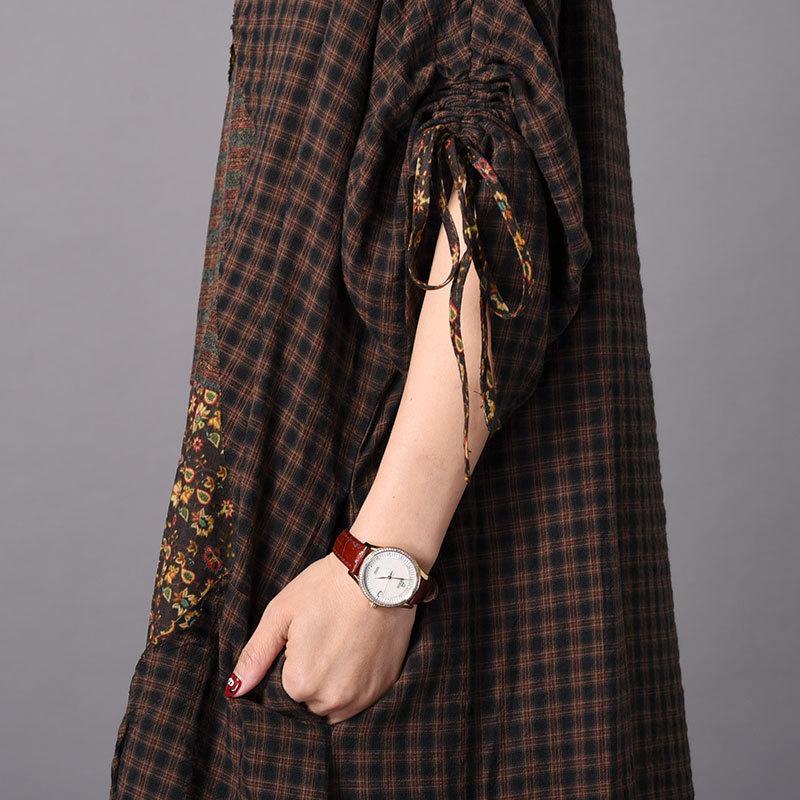 Paneled Casual Linen Print Adjustable Sleeve Maxi Dress