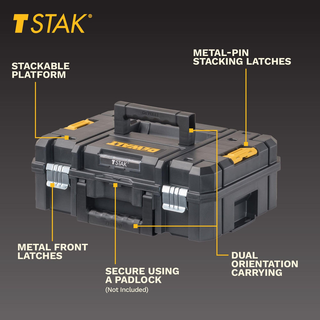 Tool Box TSTAK II, 13 In. Flat Top Tool StoraCase, Stackable Organizer Hard Case Portable Toolbox, Heavy Duty, Holds Up To 66 lbs (DWST17807)