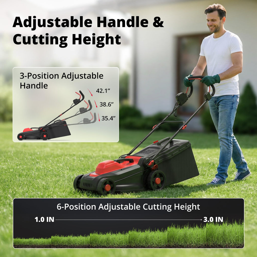 14-Inch 2IN1 Electric Lawn Mower, 12.5 Amp 3400RPM Corded Push Mower with 6-Position Height Adjustment, 10-Gallon Grass Catcher &amp; Mulching Kit, Lightweight Lawn Mower for Small/Medium Yards