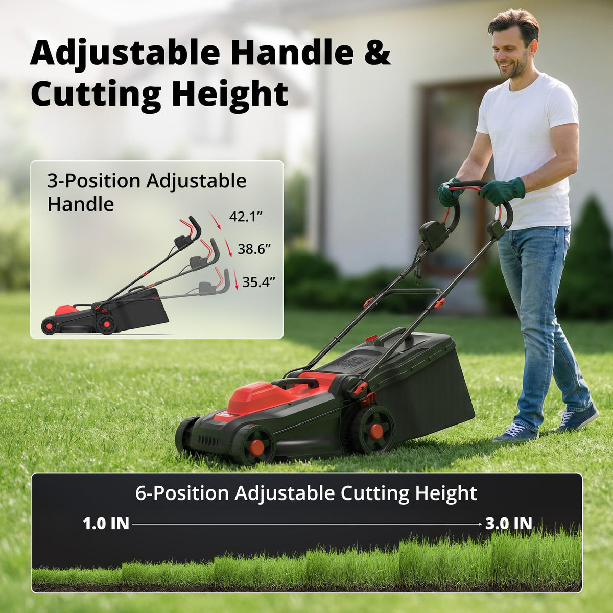 14-Inch 2IN1 Electric Lawn Mower, 12.5 Amp 3400RPM Corded Push Mower with 6-Position Height Adjustment, 10-Gallon Grass Catcher &amp; Mulching Kit, Lightweight Lawn Mower for Small/Medium Yards