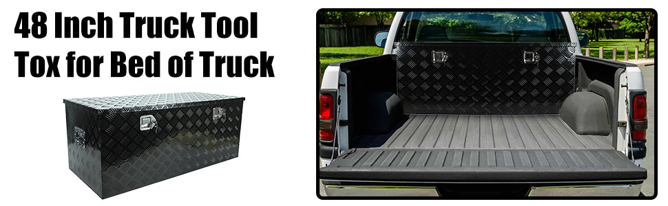 48 Inch Heavy Duty Aluminum Stripes Plated Tool Box Pick Up Truck Bed RV Trailer Toolbox Square StoraOrganizer with Side Handle, Lock and Keys, Waterproof -48"x 19.5"x 17.5"，Black
