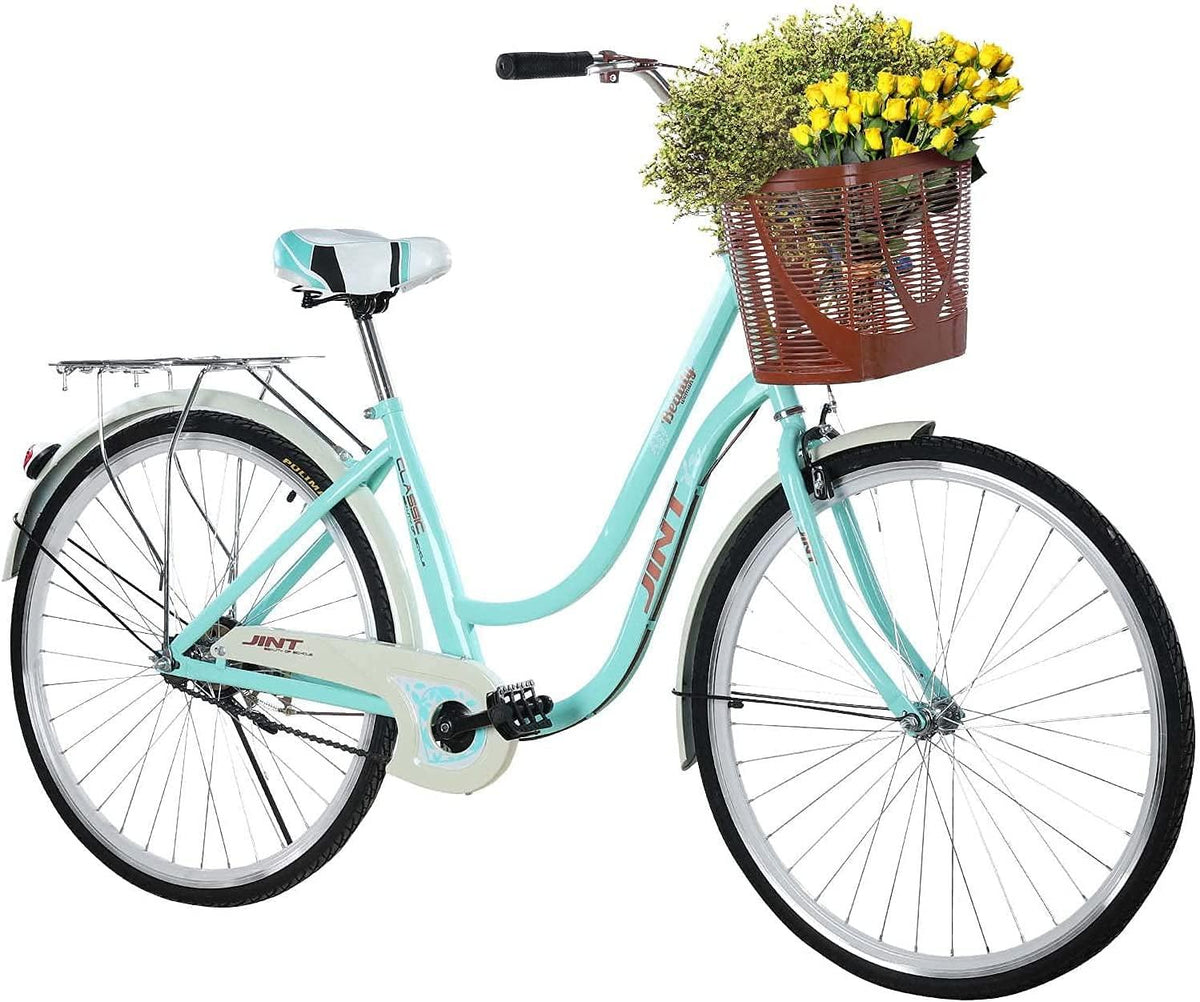 TOUNTLETS 26 Inch Womens Beach Cruiser Bike Unisex Classic Iron Bicycle with Basket, Retro Bicycle Unique Art Deco Scooter,Road Bike,Seaside Travel Bicycle,Comfortable Women Commuter Bicycle