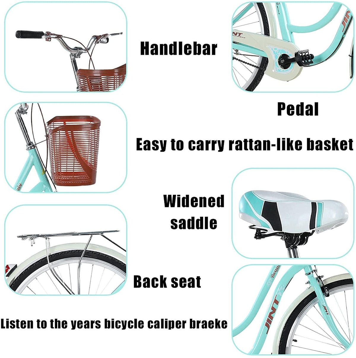 TOUNTLETS 26 Inch Womens Beach Cruiser Bike Unisex Classic Iron Bicycle with Basket, Retro Bicycle Unique Art Deco Scooter,Road Bike,Seaside Travel Bicycle,Comfortable Women Commuter Bicycle