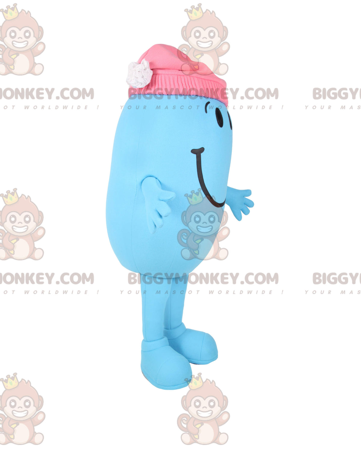 BIGGYMONKEYMascot Costume Small Blue Oval Man With Pink Beanie