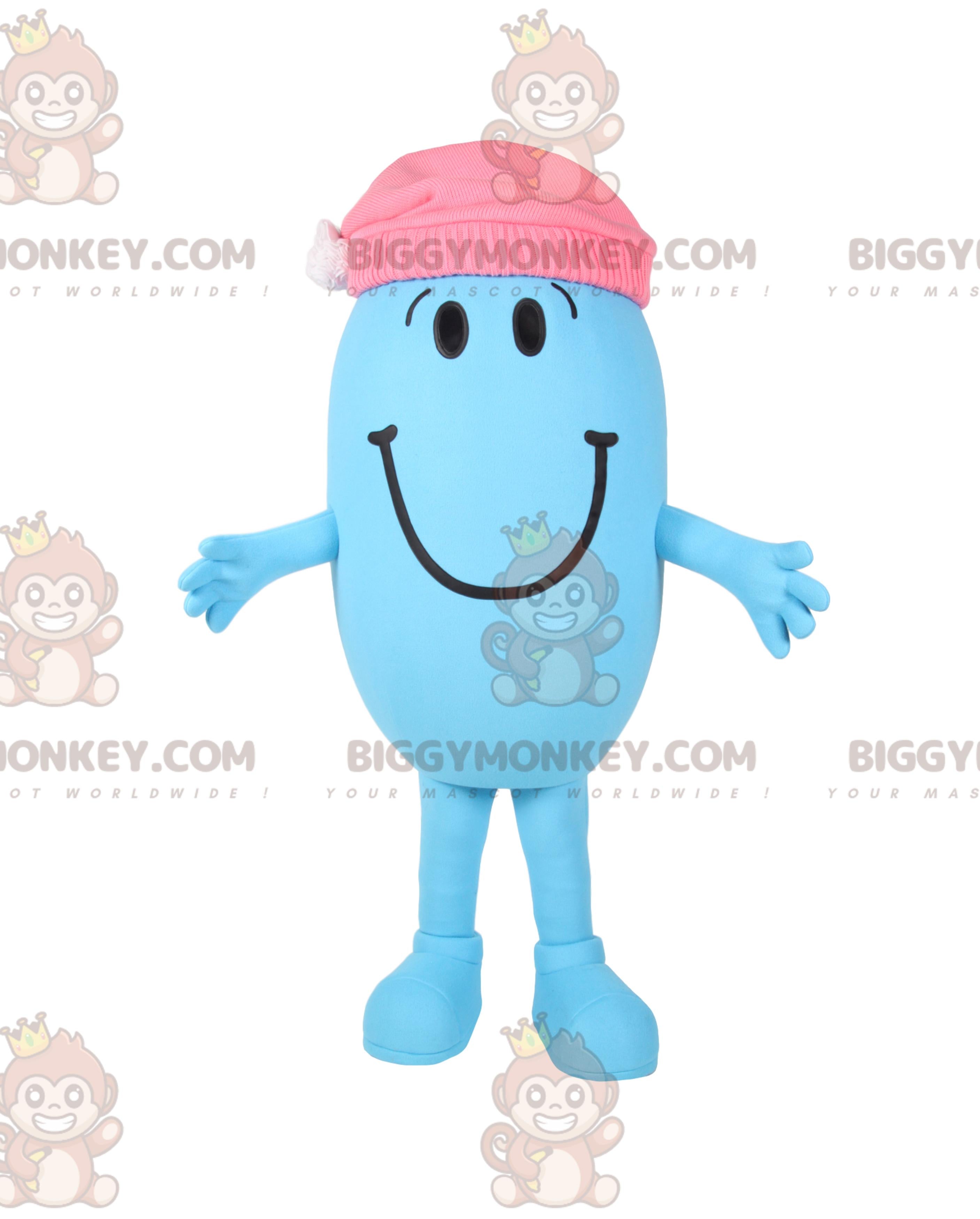 BIGGYMONKEYMascot Costume Small Blue Oval Man With Pink Beanie