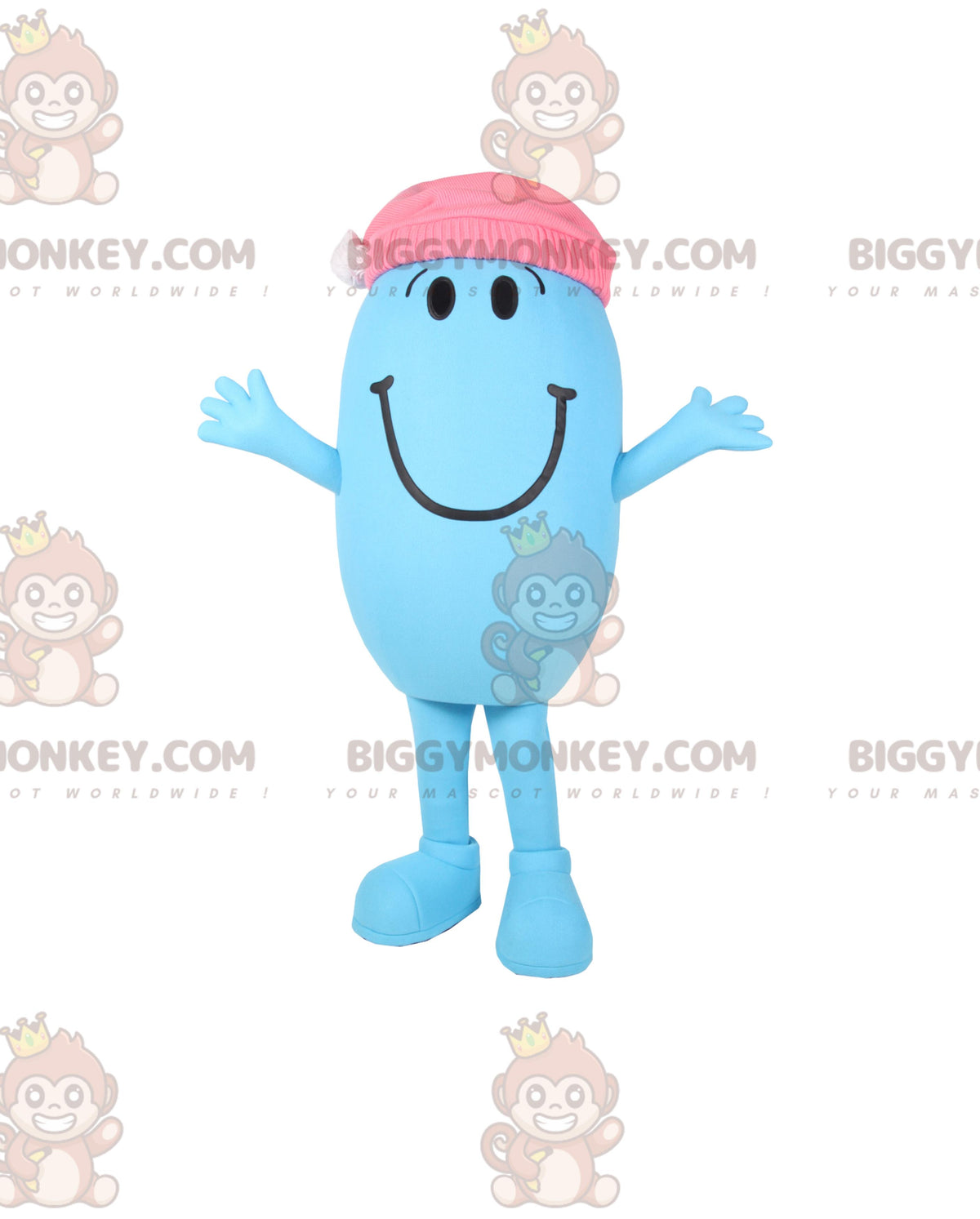 BIGGYMONKEYMascot Costume Small Blue Oval Man With Pink Beanie