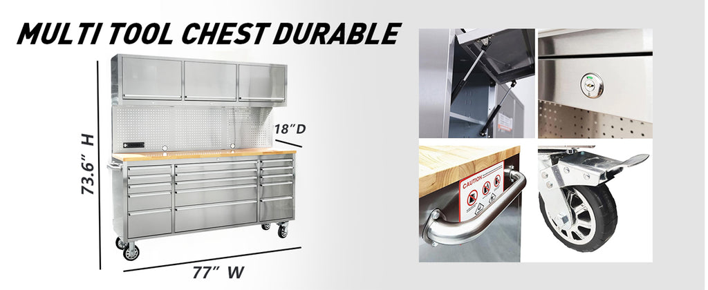 72-inch Rolling Tool Cabinet Mobile Workbench Tool Chest with 15 StoraDrawers, Wheels, 3 Uper Cabinet, Outlet, SS Pegboard,  Steel