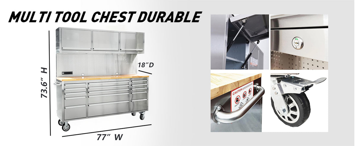 72-inch Rolling Tool Cabinet Mobile Workbench Tool Chest with 15 StoraDrawers, Wheels, 3 Uper Cabinet, Outlet, SS Pegboard,  Steel