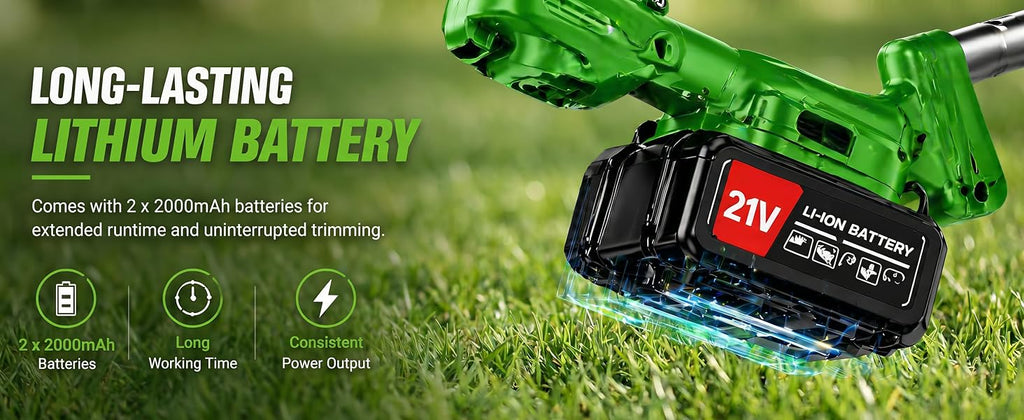 Cordless Weed Wacker with 2 Batteries, Lightweight 21V Weed Trimmer with Wheels, Electric Grass Trimmer, Adjustable Shaft Lawn Tool for Small Yard Tight Spaces