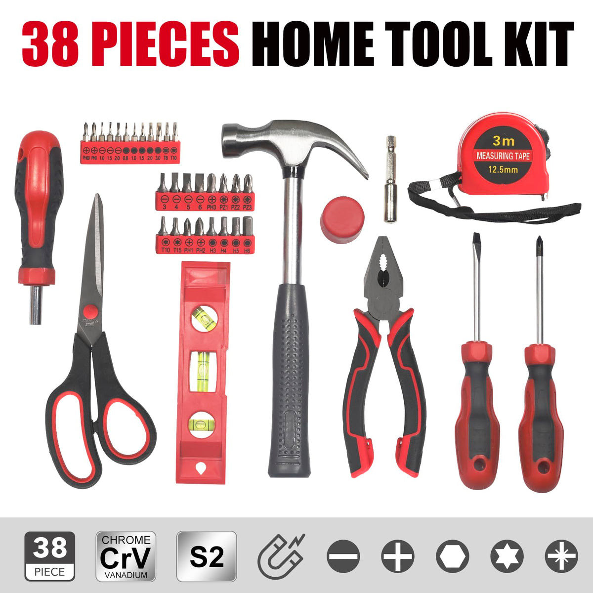 Basic Home Red Tool Kit - 38 Pieces Tool Set with Portable StoraBoxes for Daily Repairing and Maintenance, Home DIY Tool Kit Set for Office & Garage