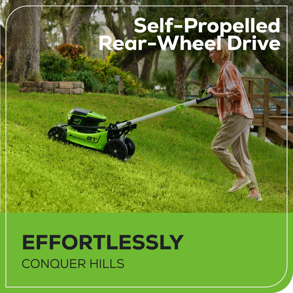 60V 21" Brushless (Self-Propelled) Cordless Lawn Mower, 2 x 4.0Ah Batteries (3/4 Acre, Rapid Charger, 4-in-1, LED Lights, IPX4)