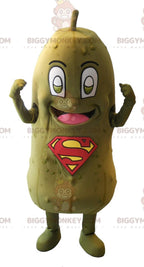 Green pickle BIGGYMONKEYmascot costume with SuperMan logo on belly