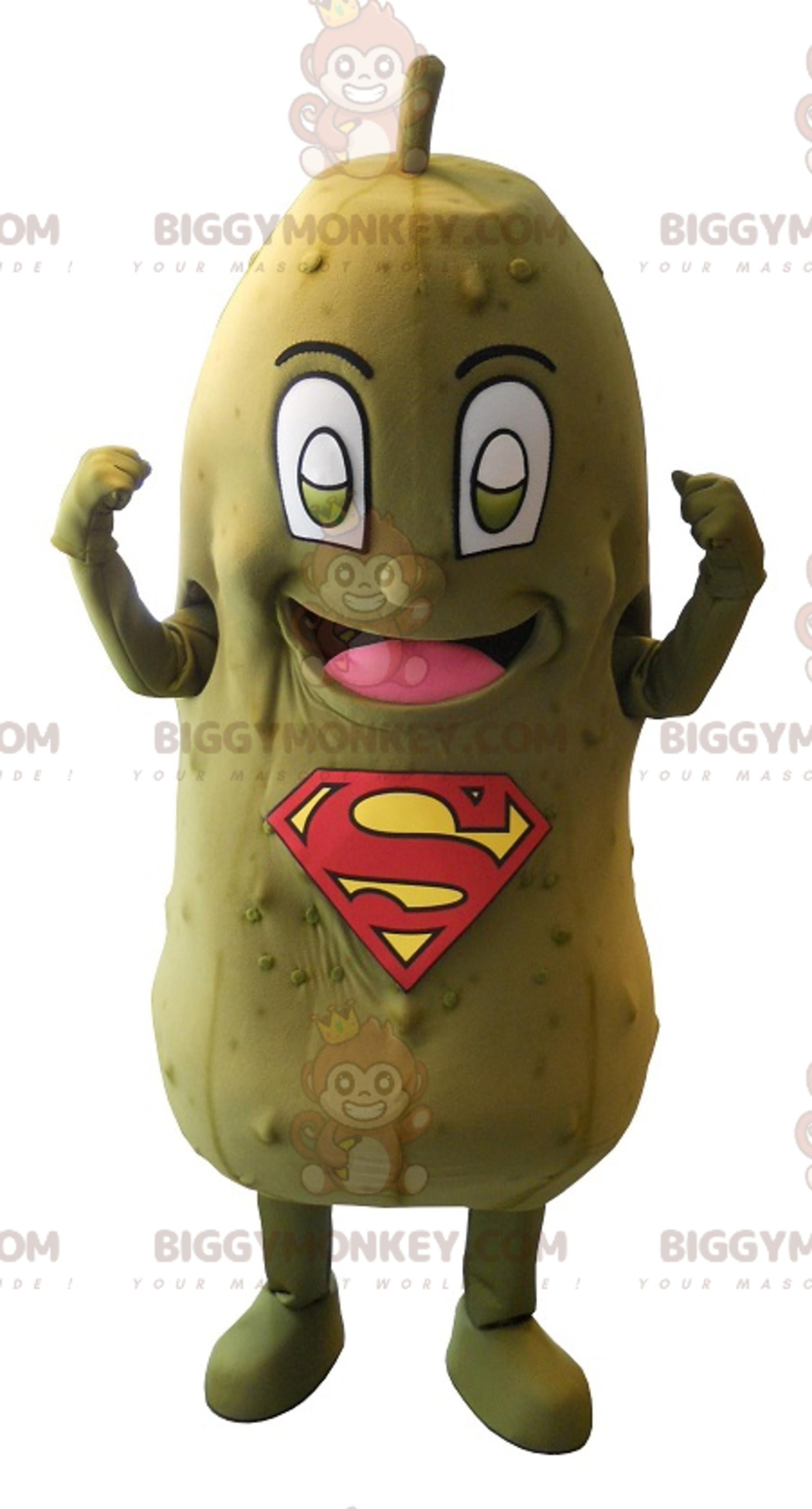 Green pickle BIGGYMONKEYmascot costume with SuperMan logo on belly